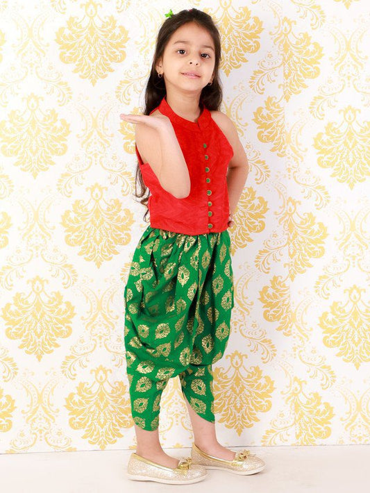 Girls  Incut Style Top  with  Printed Dhoti Red & Green