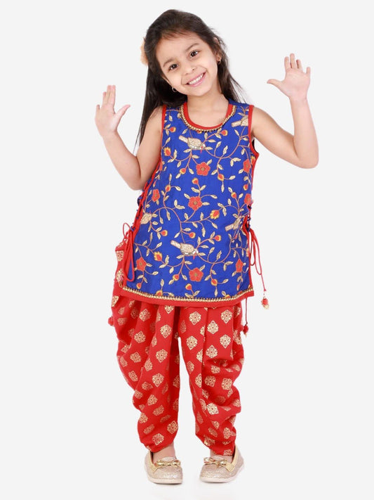 Girls Embroidered Kurti With Designer Dhoti-Blue & Red