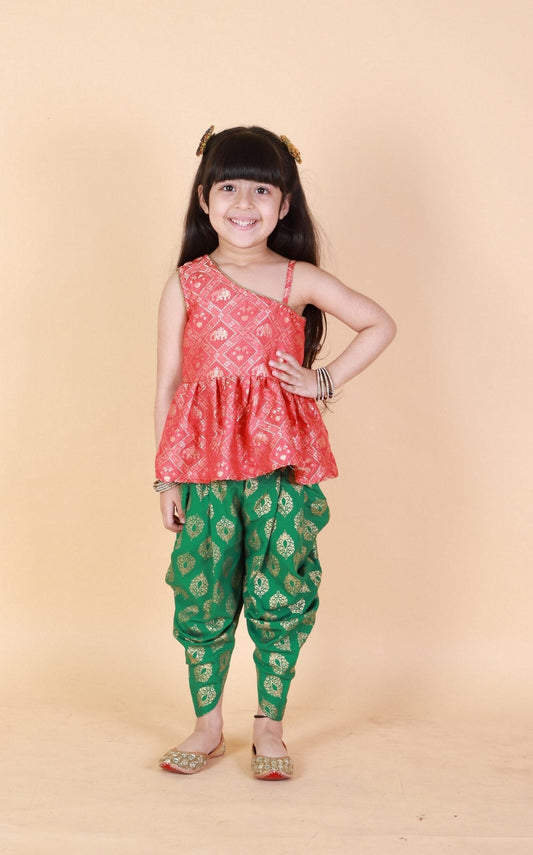 Twisha  Girls Asymmetric Elephant Design Top With Printed Dhoti- Red & Green