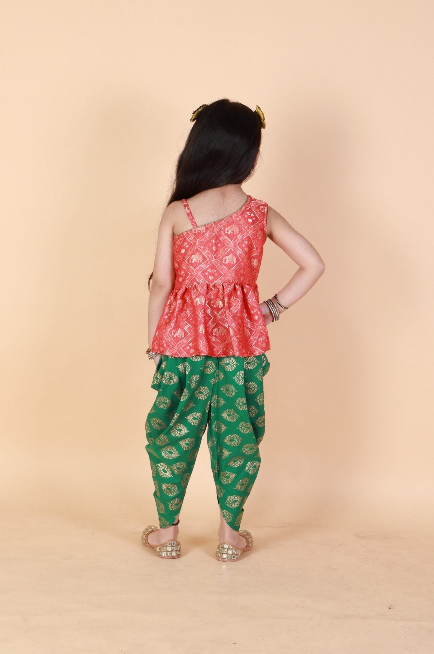 Twisha  Girls Asymmetric Elephant Design Top With Printed Dhoti- Red & Green