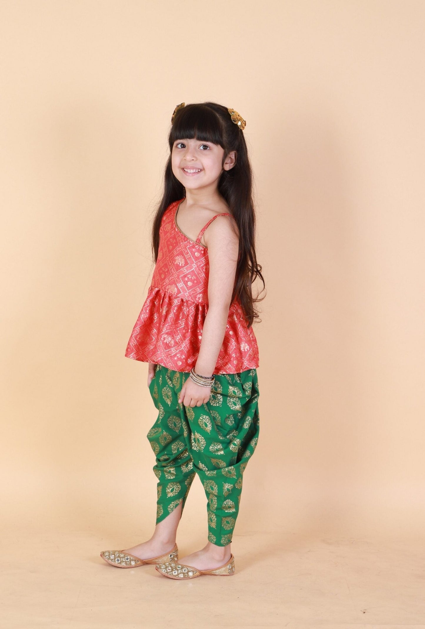 Twisha  Girls Asymmetric Elephant Design Top With Printed Dhoti- Red & Green