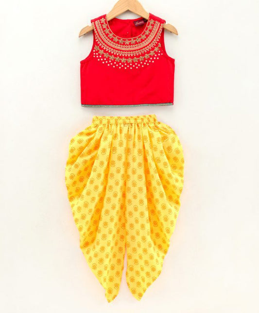 Twisha Girls Embroidered top with  printed Dhoti-Red And Yellow