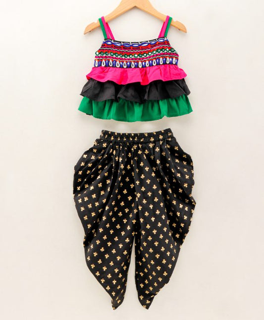 Twisha Girls Embroidered top with  Club printed Dhoti-Black And Pink