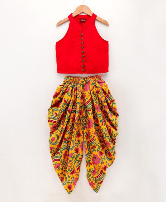 Twisha Girls chevron design top with printed dhoti-Red And Yellow