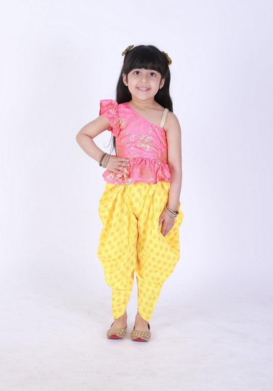 Twisha Girls Asymmetric Neck Top With Printed Dhoti- Coral And Yellow