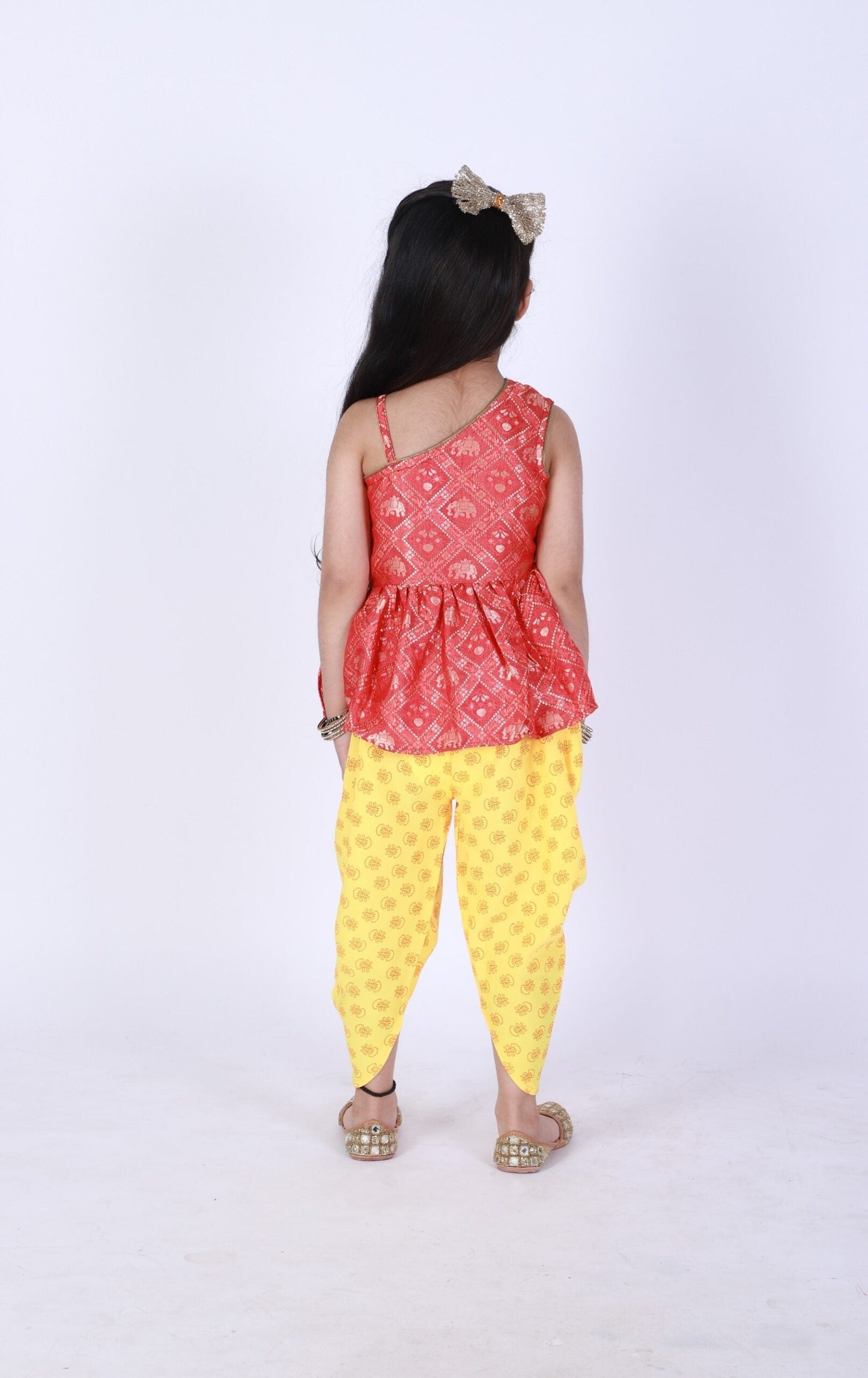 Twisha  Girls Asymmetric Elephant Design Top With Printed Dhoti- Red & Yellow