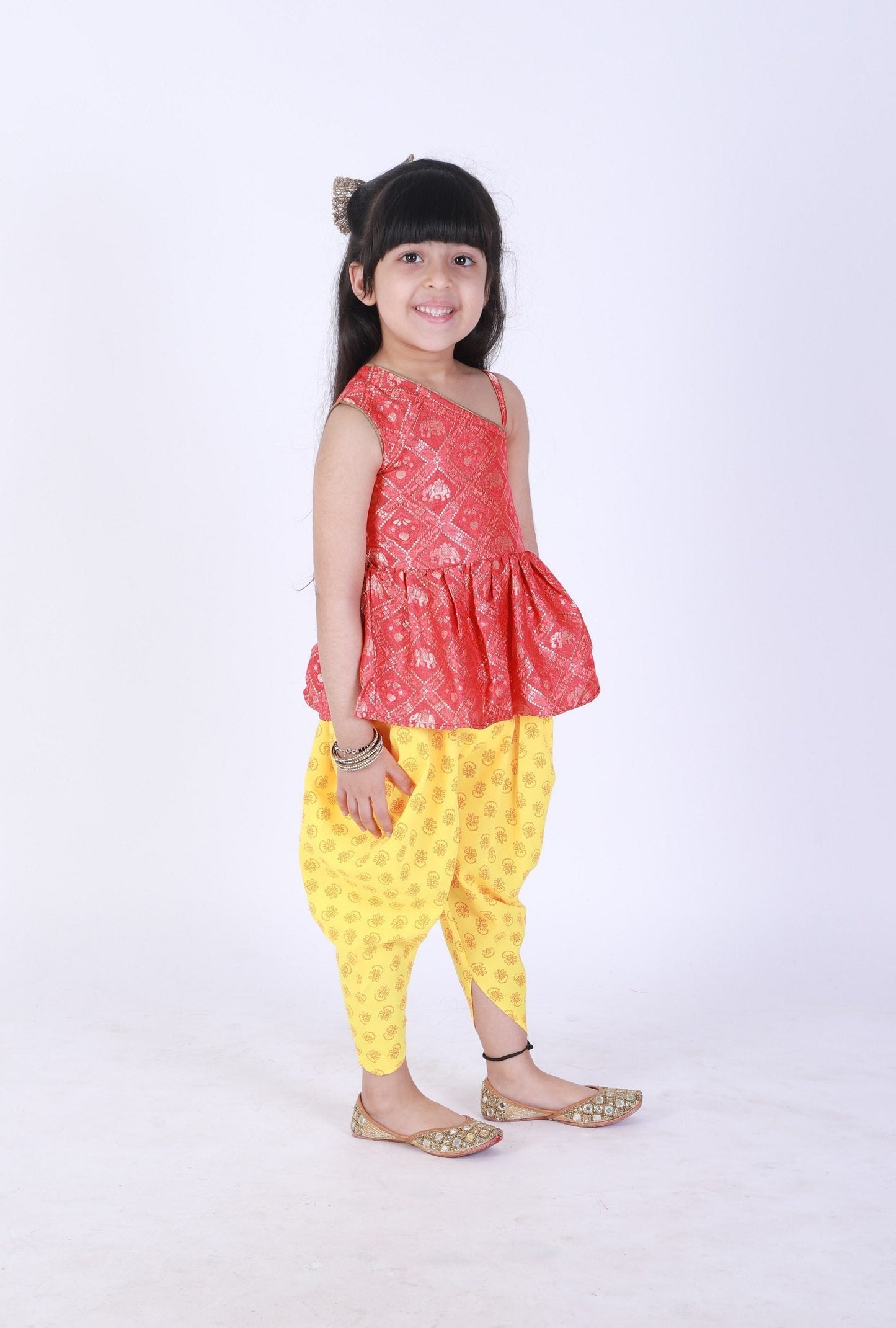 Twisha  Girls Asymmetric Elephant Design Top With Printed Dhoti- Red & Yellow