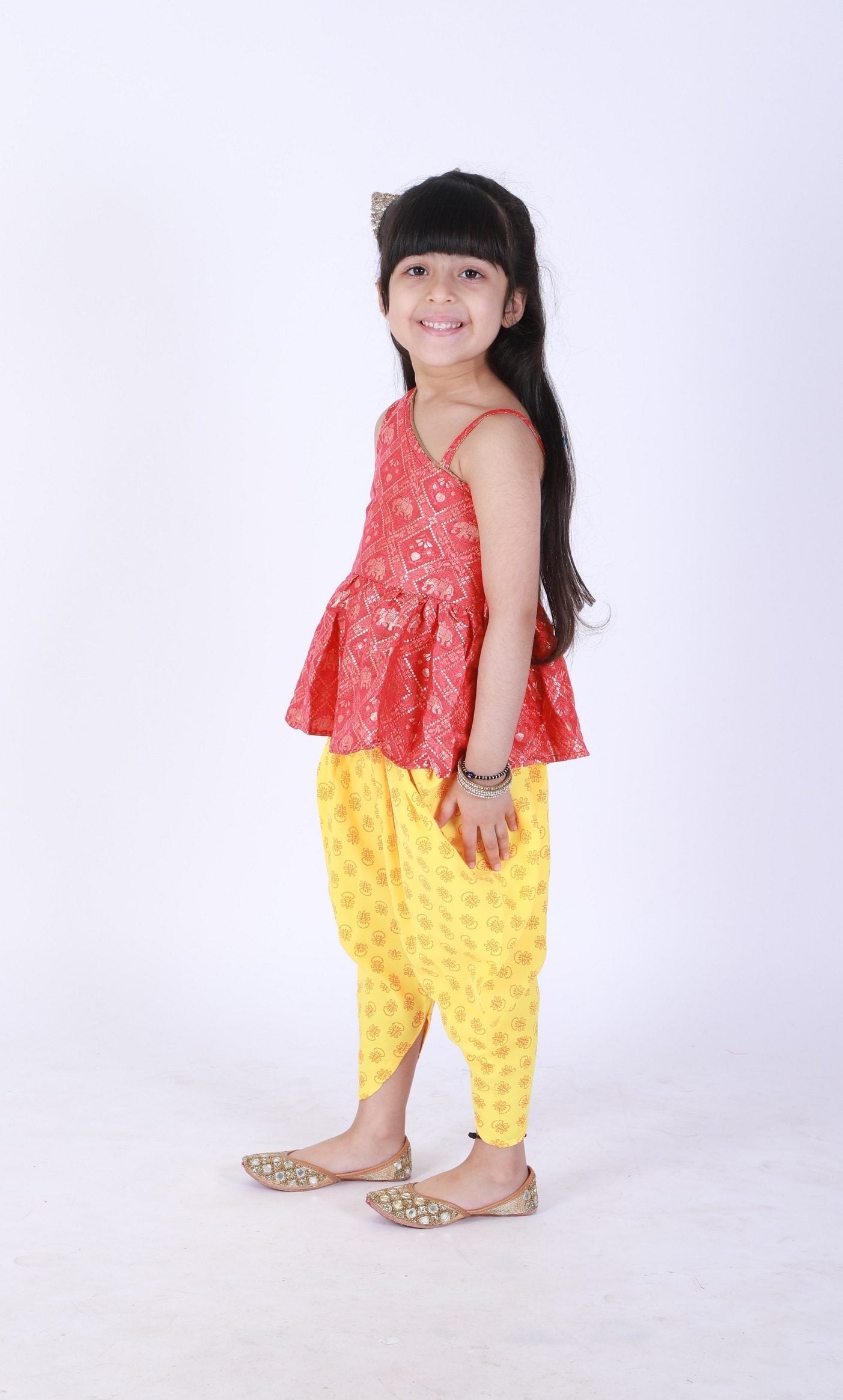 Twisha  Girls Asymmetric Elephant Design Top With Printed Dhoti- Red & Yellow