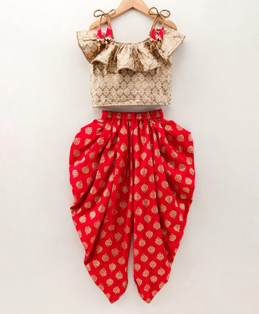 Twisha Girls Frill Top With Dhoti and Tie Up tassles- Beige & Red