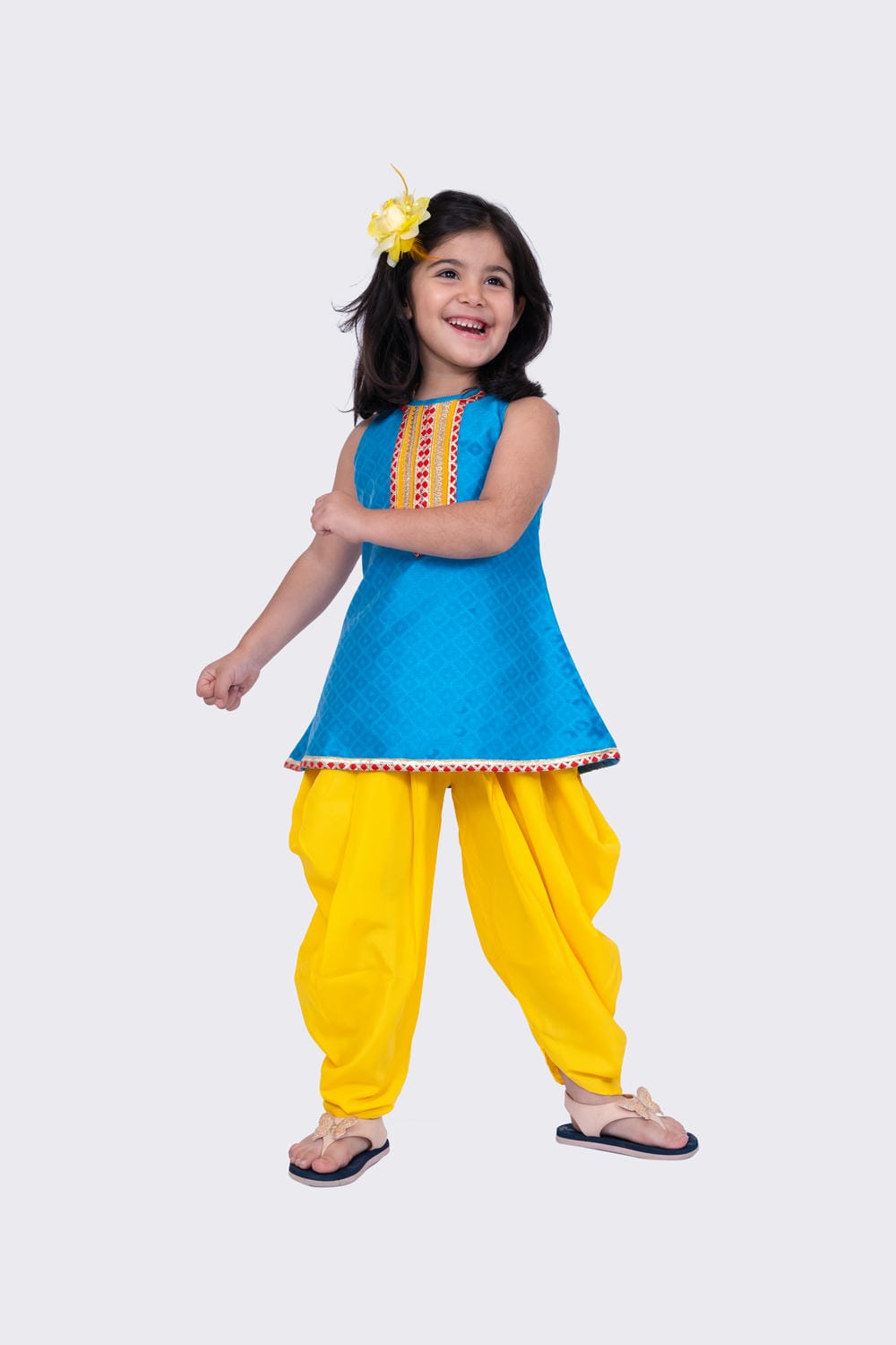 Twisha Girl's Sleeveless Aline Polyester Kurta and Dhoti- Sky Blue & Yellow