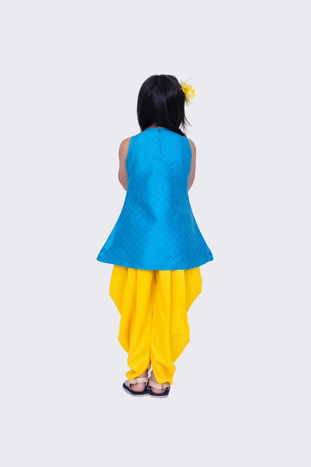 Twisha Girl's Sleeveless Aline Polyester Kurta and Dhoti- Sky Blue & Yellow