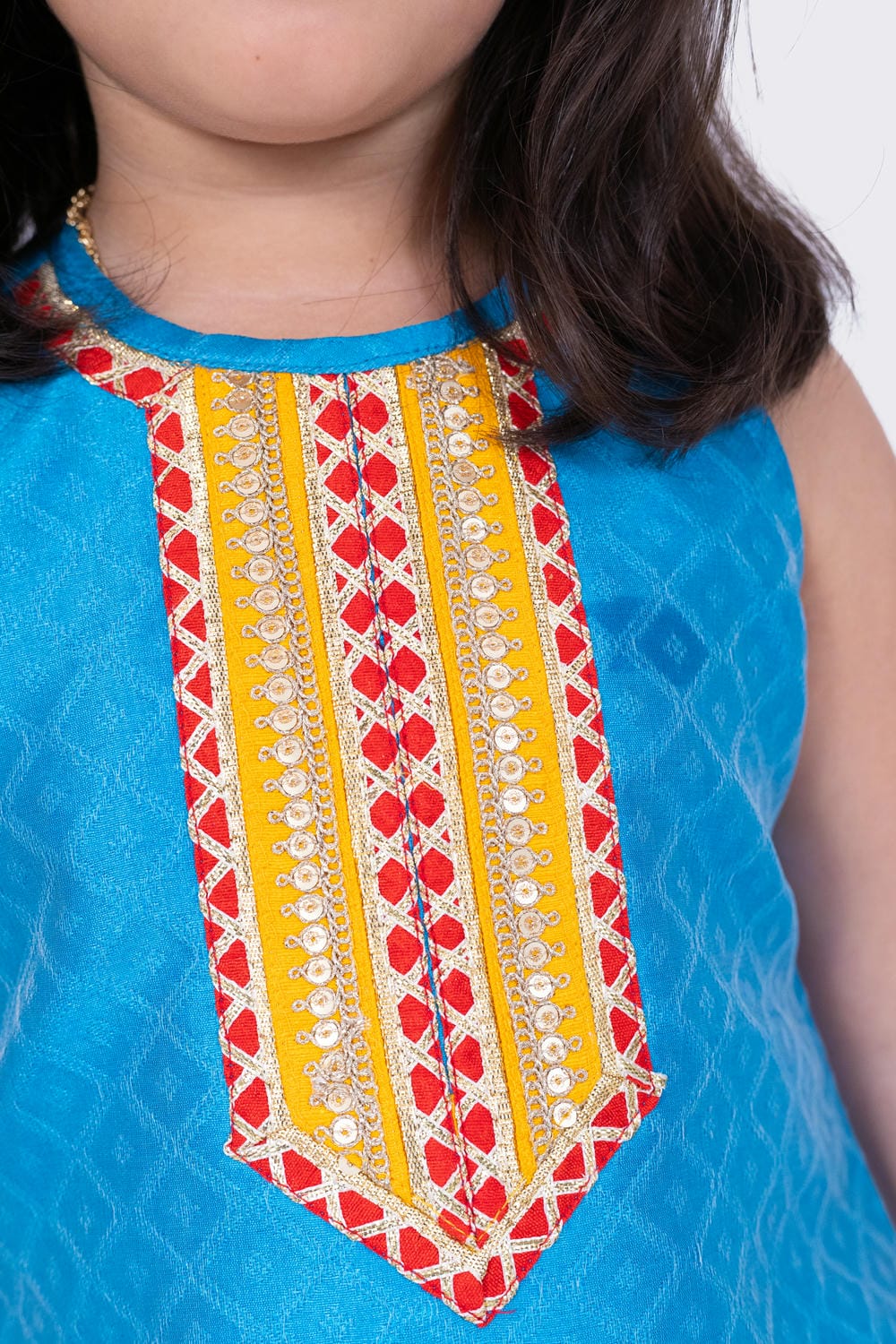 Twisha Girl's Sleeveless Aline Polyester Kurta and Dhoti- Sky Blue & Yellow
