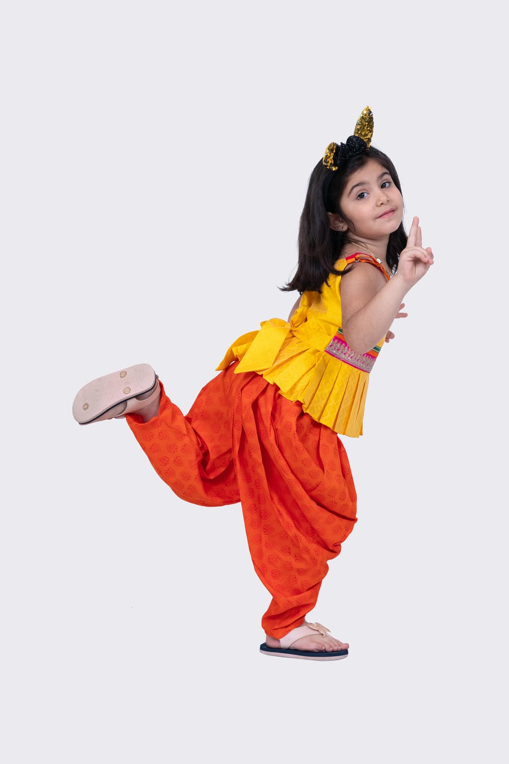 Twisha Girl's Sleeveless Strappy Pleated Polyester Peplum Top & Dhoti - Yellow & Orange