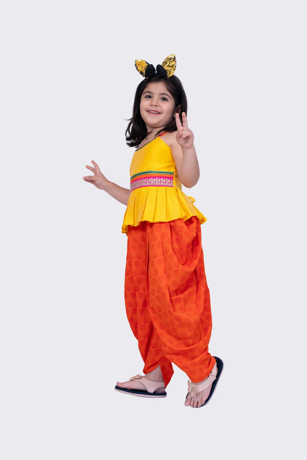 Twisha Girl's Sleeveless Strappy Pleated Polyester Peplum Top & Dhoti - Yellow & Orange