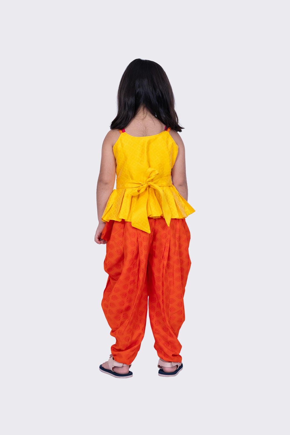 Twisha Girl's Sleeveless Strappy Pleated Polyester Peplum Top & Dhoti - Yellow & Orange