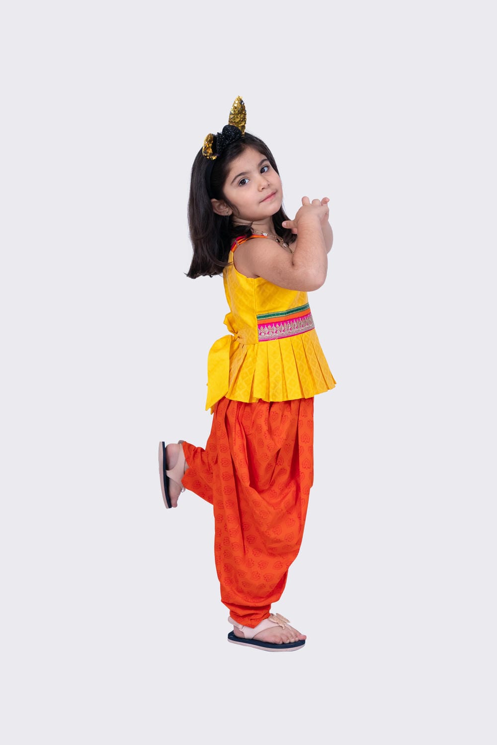 Twisha Girl's Sleeveless Strappy Pleated Polyester Peplum Top & Dhoti - Yellow & Orange