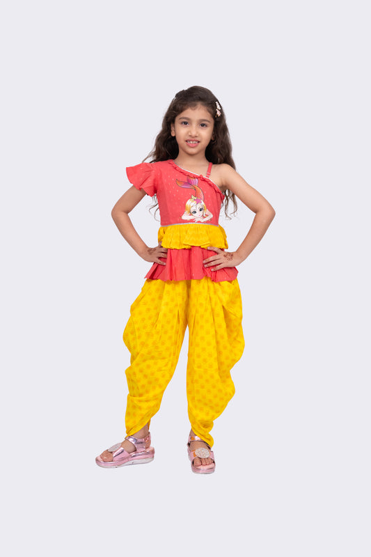 Twisha Girls Sleeveless Cotton Printed One Shoulder Top With Dhoti-Coral & Yellow