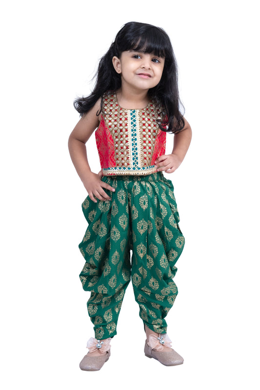 Twisha Brocade Sleeveless Embellished Top with Dhoti - Red & Green