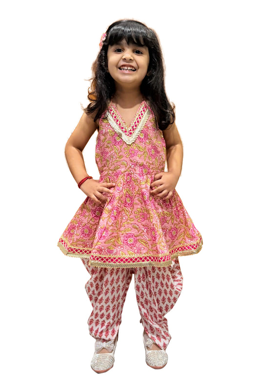Twisha Cotton Fullsleeves All Over Printed Kurta with Dhoti - Peach & White