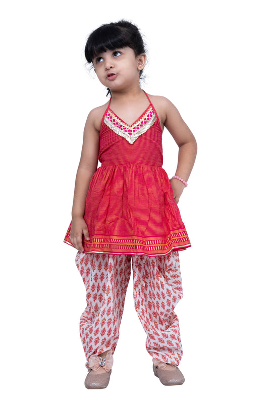 Twisha Cotton Sleeveless Stripe Design Top with Dhoti - Pink & White