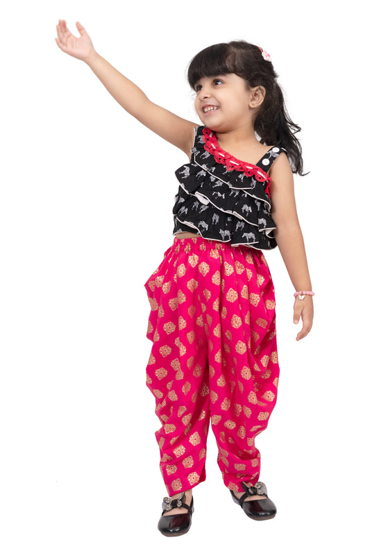 Twisha Rayon Sleeveless Zebra Printed Top with Dhoti - Black & Coral