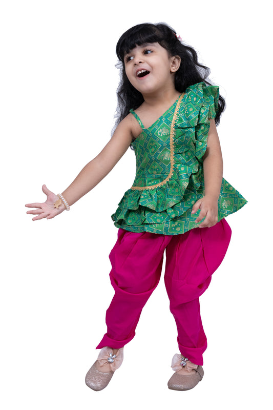Twisha Sleeveless Embellished Top with Dhoti -Green & Pink