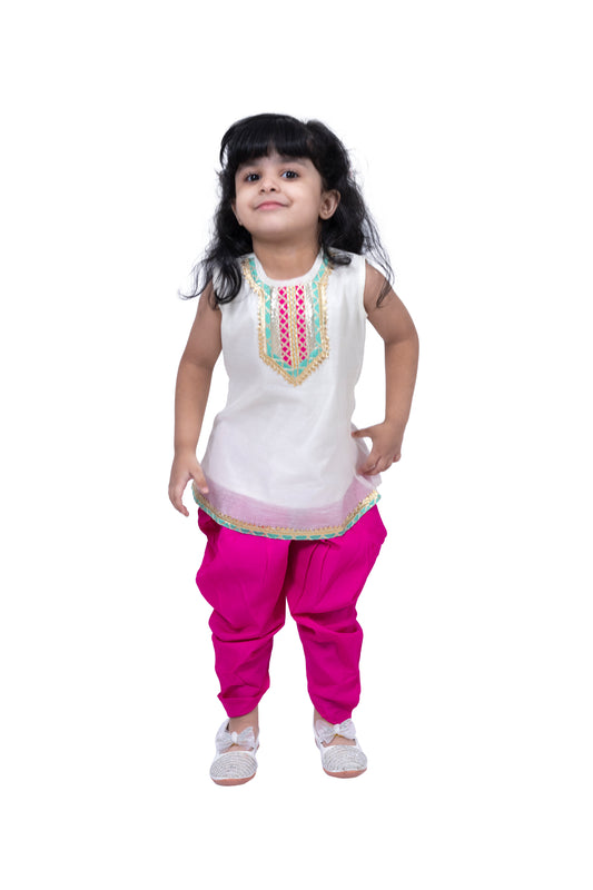 Twisha Sleeveless Embellished Top with Dhoti -White & Pink