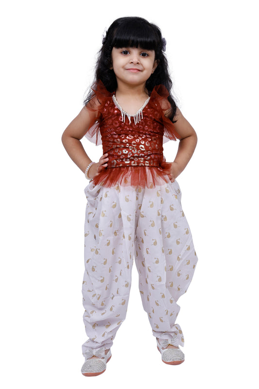 Twisha Sleeveless All over Printed Top with Dhoti -Brown & White