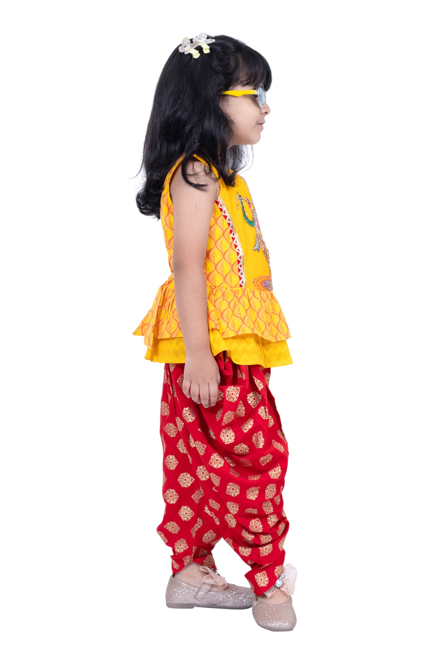 Twisha Cotton Sleeveless Krishna Printed Top & Dhoti -Yellow & Red